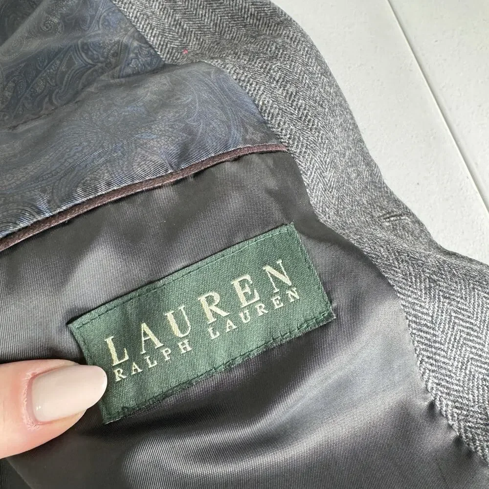 Lauren Ralph Lauren‎ Herringbone Blazer Mens 46R Wool Cashmere Gray Old Money